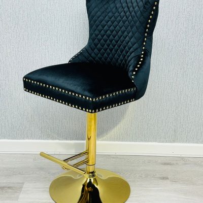 Bar Stool - Gold Base - Lion Knocker & Deep Buttoned - Black Velvet