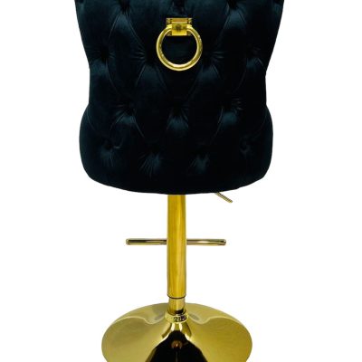 Bar Stool – Gold Base – Lion Knocker & Deep Buttoned – Black Velvet