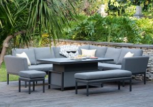 Garden All Weather Corner Sofa Set - Rising Coffee/Dining Table - Grey Fabric