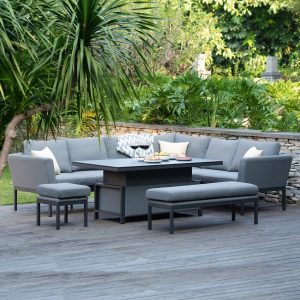 Garden All Weather Corner Sofa Set - Rising Coffee/Dining Table - Grey Fabric