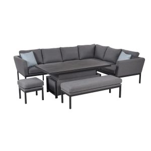 Garden All Weather Corner Sofa Set - Rising Coffee/Dining Table - Grey Fabric