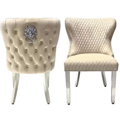 Dining Chair – Chrome Leg – Chrome Lion Knocker – Mink Velvet