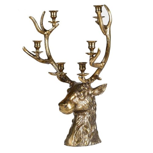 6 Candle Christmas Stag Candelabra - Polished Antique Gold Nickel - Medium