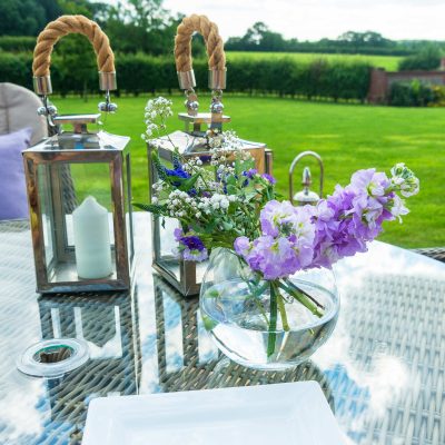 4 Seat Round Garden Table Set – Brolly & Base – Round Poly-Rattan