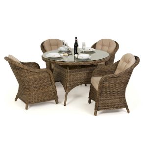 4 Seat Round Garden Table Set - Brolly & Base - Round Poly-Rattan