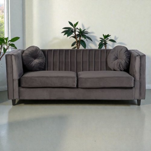 3 Seater Grey ‘Kensington’ Velvet Sofa – Black Legs