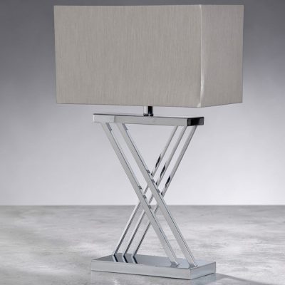 Table Lamp & Grey Shade – Double Cross Chrome Stem