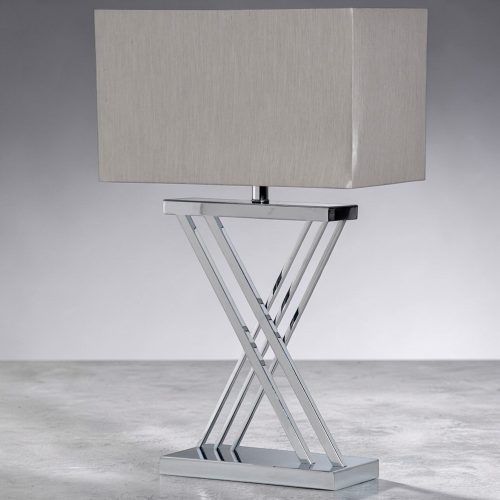 Table Lamp & Grey Shade – Double Cross Chrome Stem